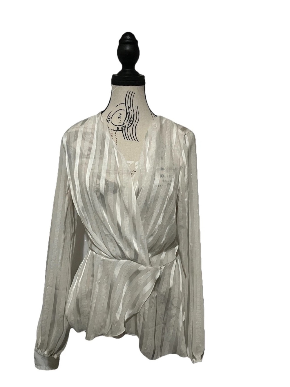 Y2K Women's Cream Size Medium Sheer Striped V Neck Long Sleeve Wrap Top Blouse - Picture 2 of 7